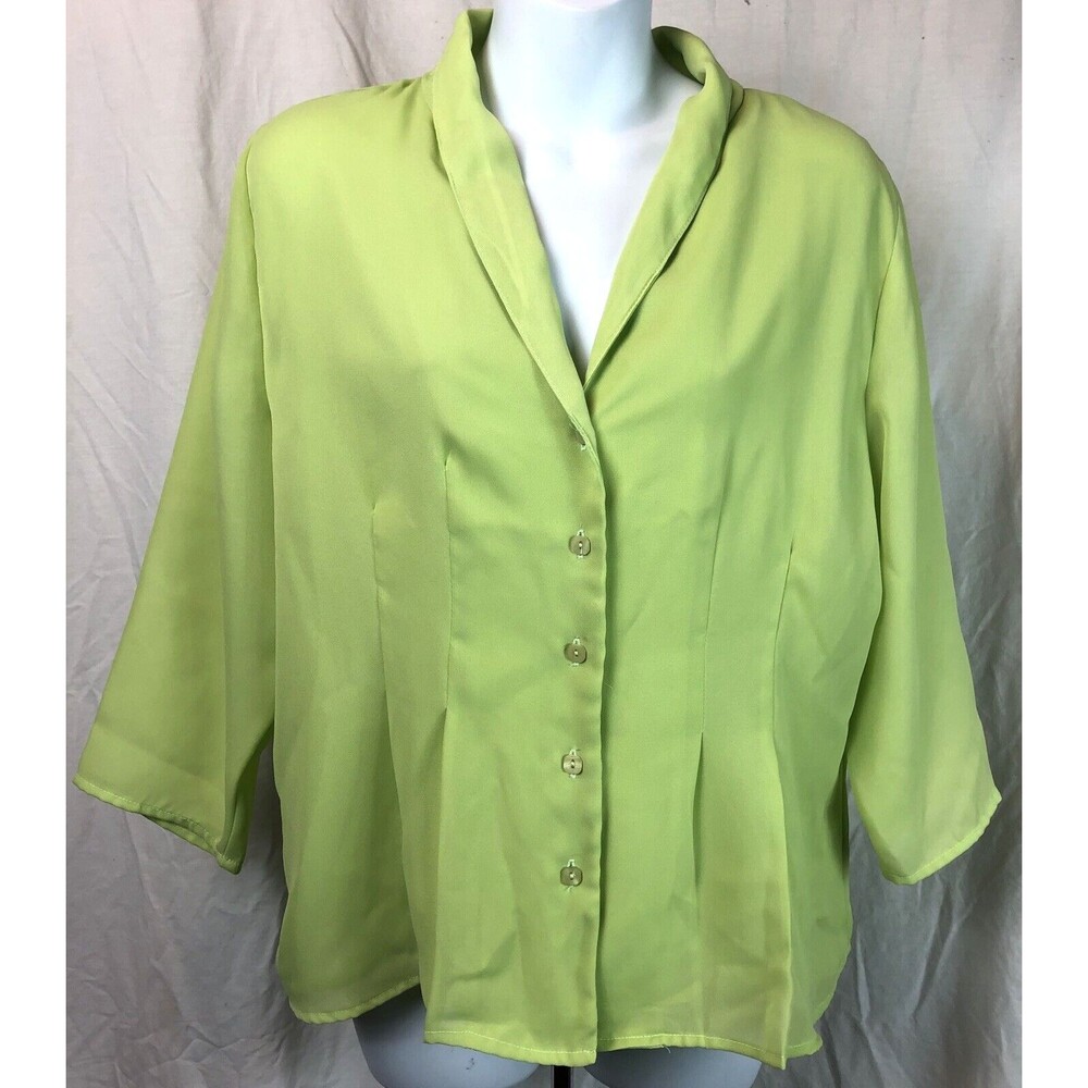 Jennifer LLoyd Chiffon Top Blouse L Lt Green Shawl Collar 3/4 Sleeve ButtonUp